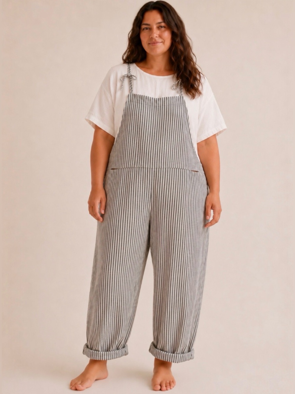 Linen Cotton Striped Tie Strap Overalls Wide Leg Slouchy 2XL Jumpsuit
